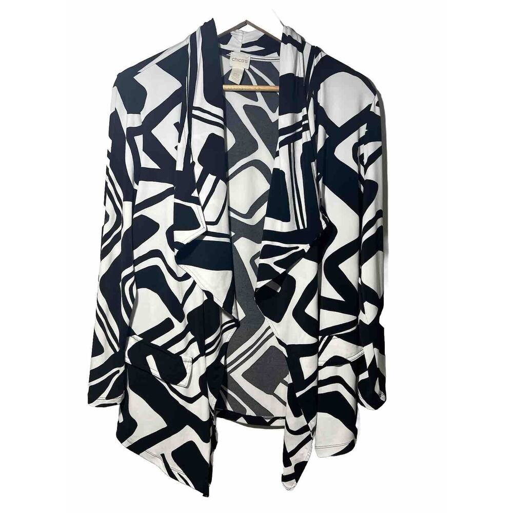 Chico’s 1 Medium Duster Open Front Draped Jacket Black White modern bohemian